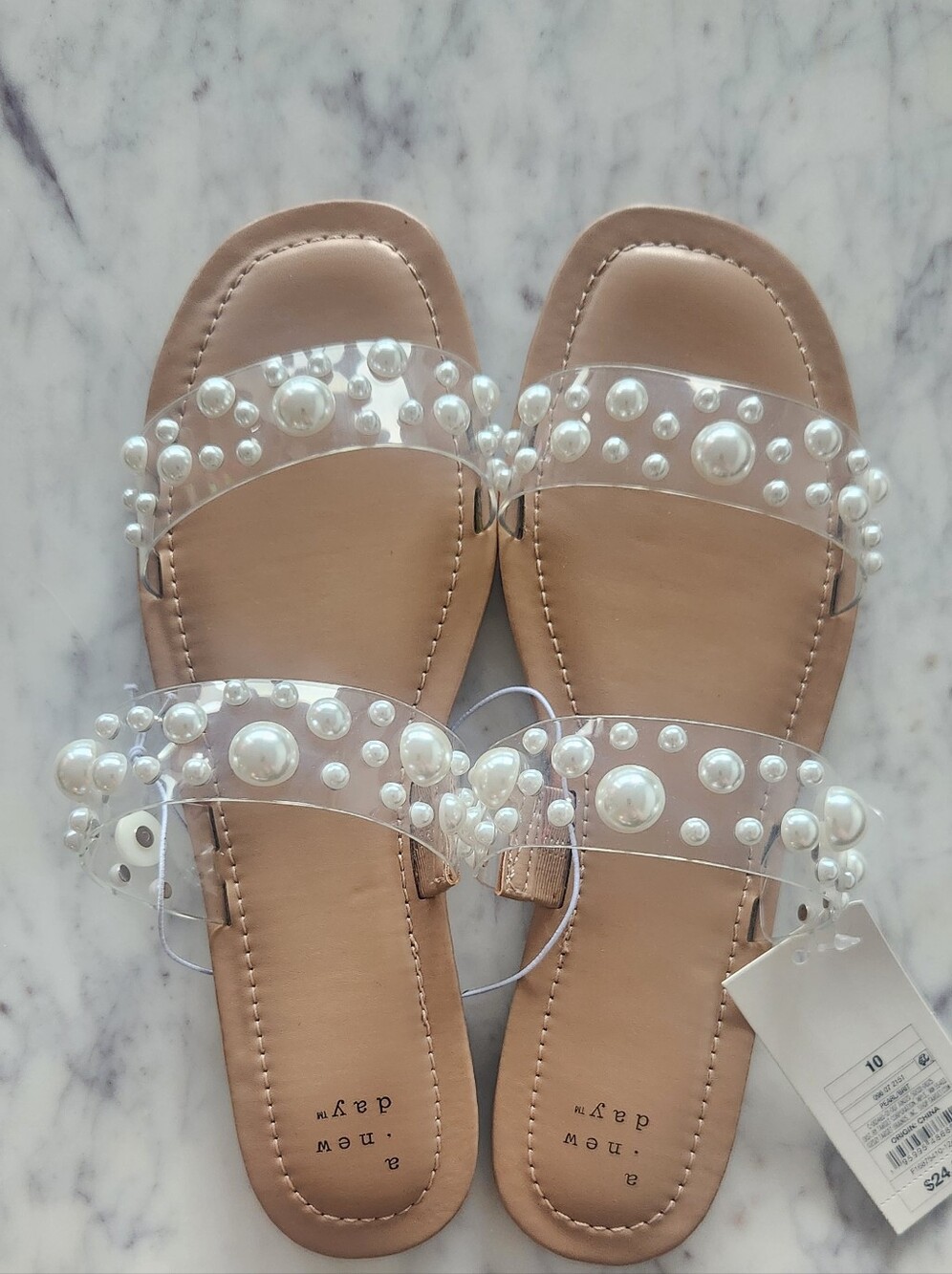 NEW - A New Day Clear Pearl-Embellished Slide Sandals - Nude/Tan - Picture 2 of 3